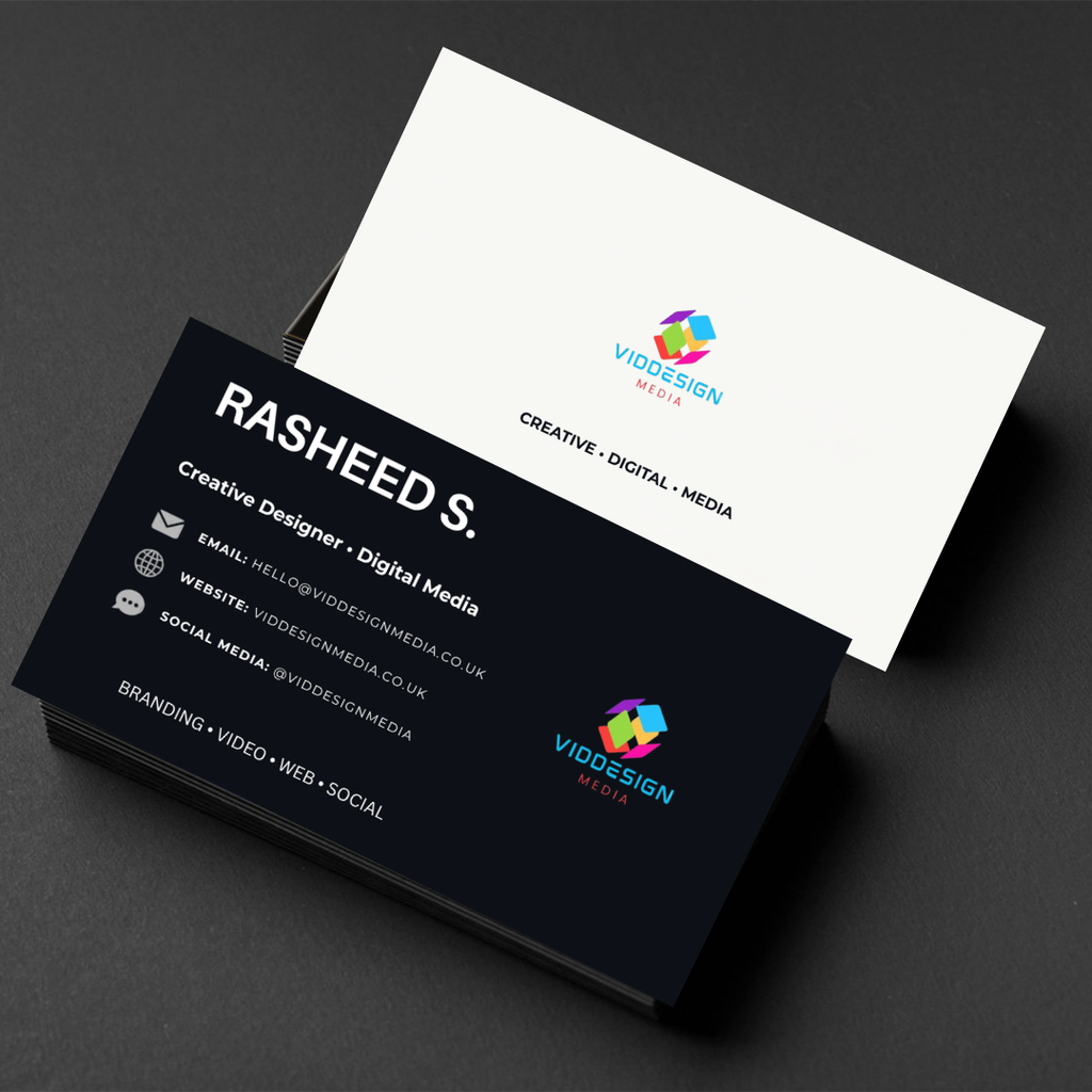 VidDesign Media brand identity and business card mockup